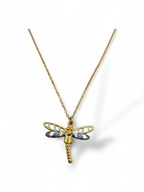 Gold and Blue Dragonfly Pendant Necklace